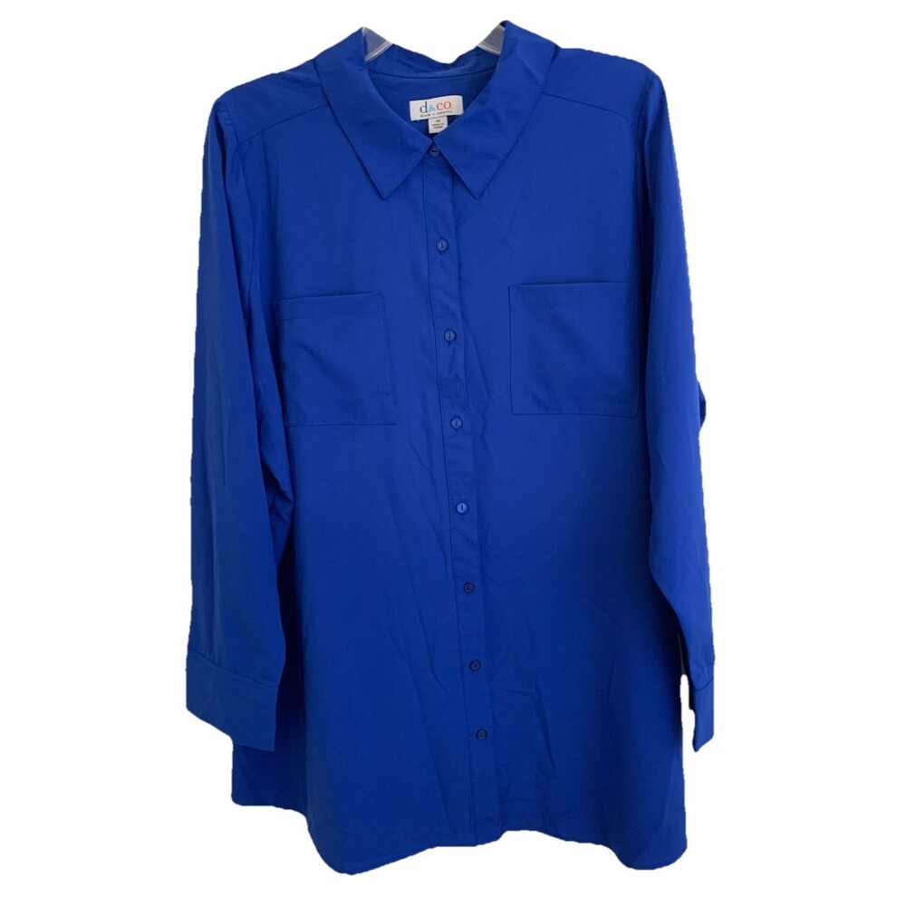D & Co Womens Blouse Top 1X Blue Button Up Shirt Pockets Long Slv (Small Flaw)